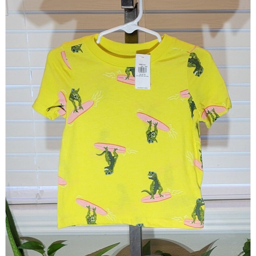Old Navy Yellow T-shirt Dinosaur T-rex Pink Surfboard Pattern 18M to 24M 2T NWT